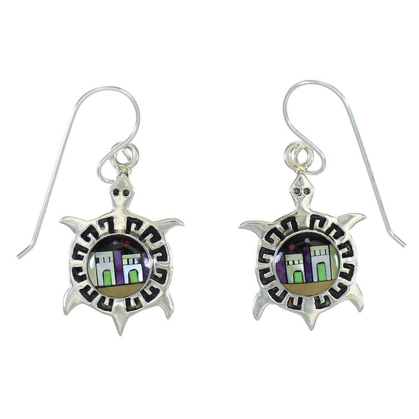 Native American Village Design Multicolor Turtle Water Wave Silver Hook Dangle Earrings WX78971
